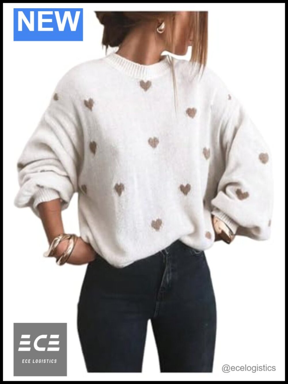Heart Print Crew Neck Long Sleeve Loose Knit Sweater Pullover